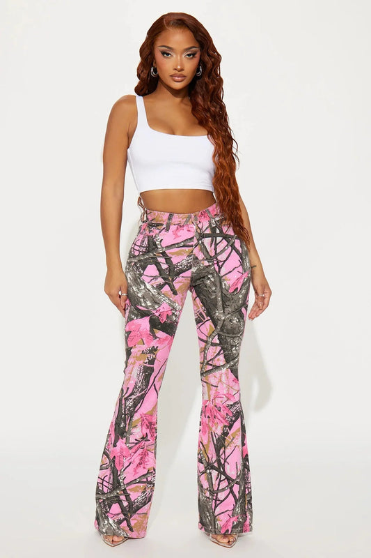 FAGADOER Y2k Fashion Pink Camouflage Print Pants Women Button High Waist Flare Pants Female INS New Autumn Streetwear Bottoms SS69