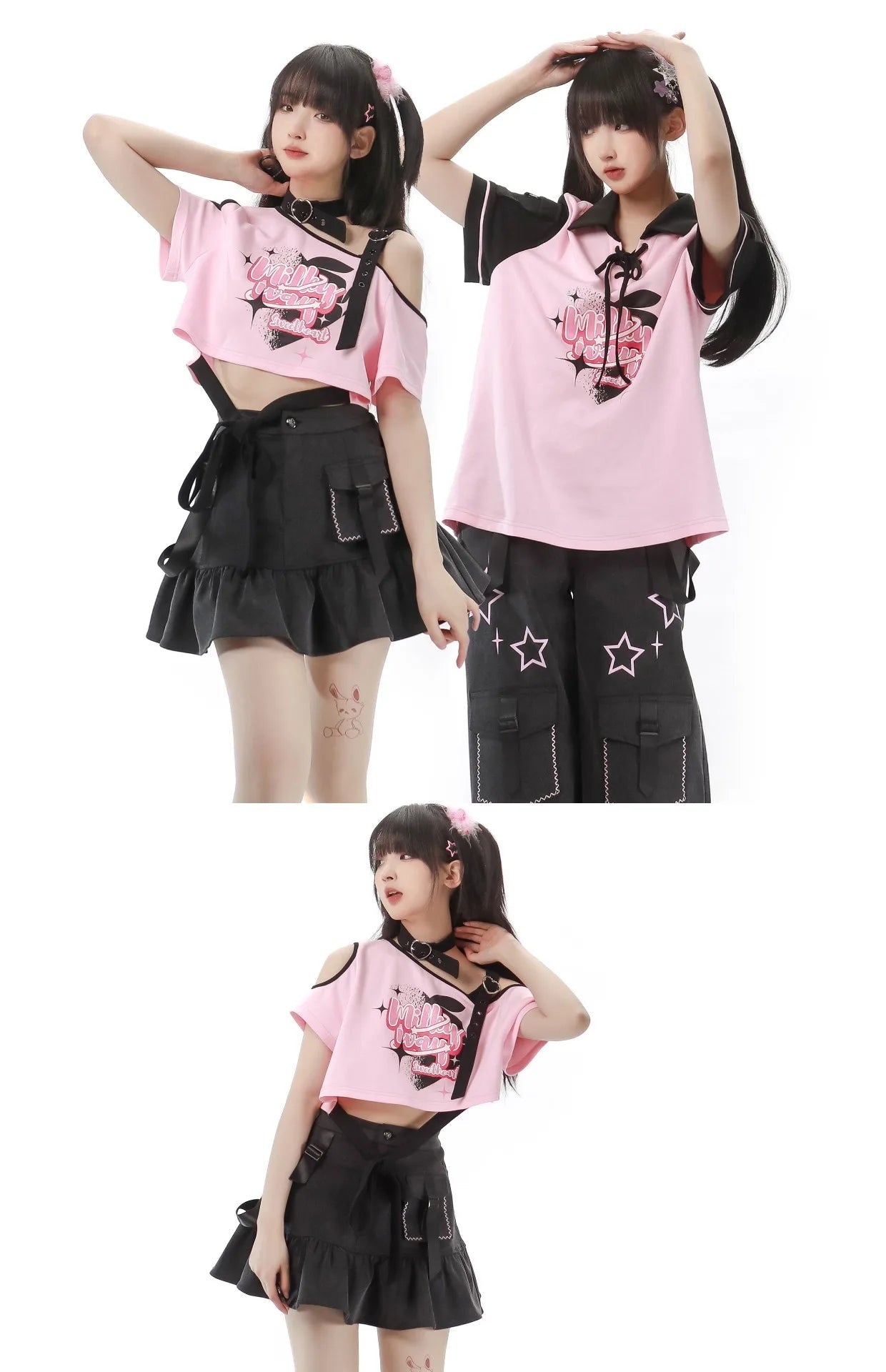 Black Pink Y2K Clothing Set Hot Girls Strapless Strap Short Sleeve T-shirt Slimming Jeans Long Pants Female 4 Piece Set Outfits SS69