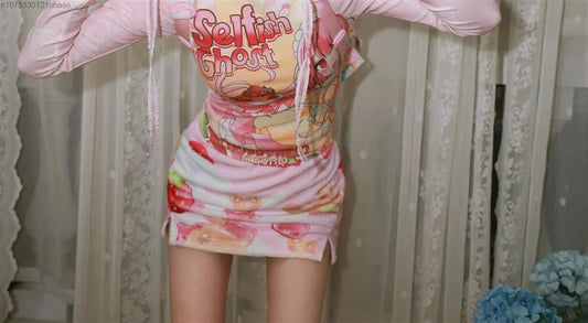 Subcultural Spicy Girl Clothes Cute Bottom Tee Shirt Y2k Harajuku Anime Slim Long Sleeve T-shirts Women Cartoon Pink Crop Tops SS69