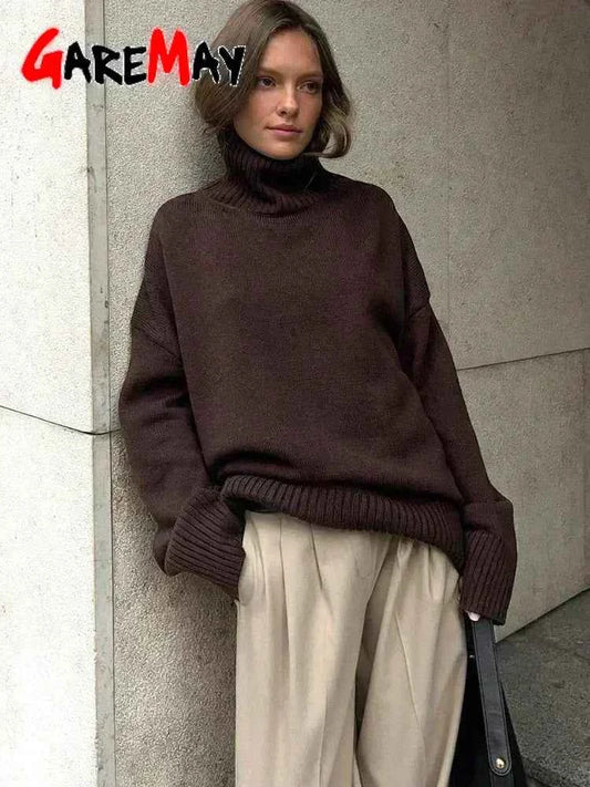 Autumn Women's Knitted Sweater Oversize High Collar Yellow Vintage Pullover Soft Winter Warm Vintage Red Sweaters for Women