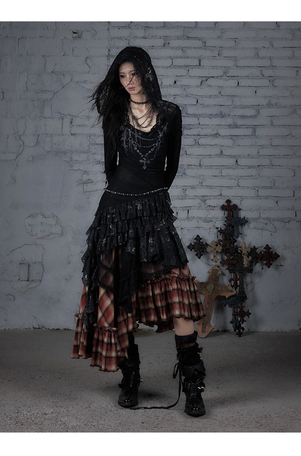 NO ROMANCE Fairy Sexy Punk Printing Half Transparent Lace Patch Knitted Long Sleeve Hooded Dresses Rock Gothic Design Vestidos SS69