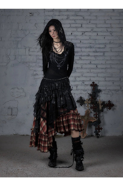 NO ROMANCE Fairy Sexy Punk Printing Half Transparent Lace Patch Knitted Long Sleeve Hooded Dresses Rock Gothic Design Vestidos SS69