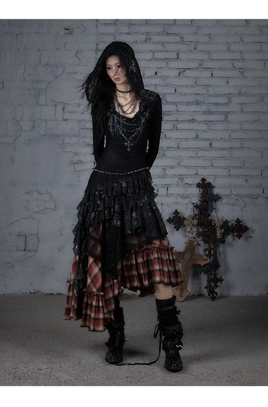 NO ROMANCE Fairy Sexy Punk Printing Half Transparent Lace Patch Knitted Long Sleeve Hooded Dresses Rock Gothic Design Vestidos SS69