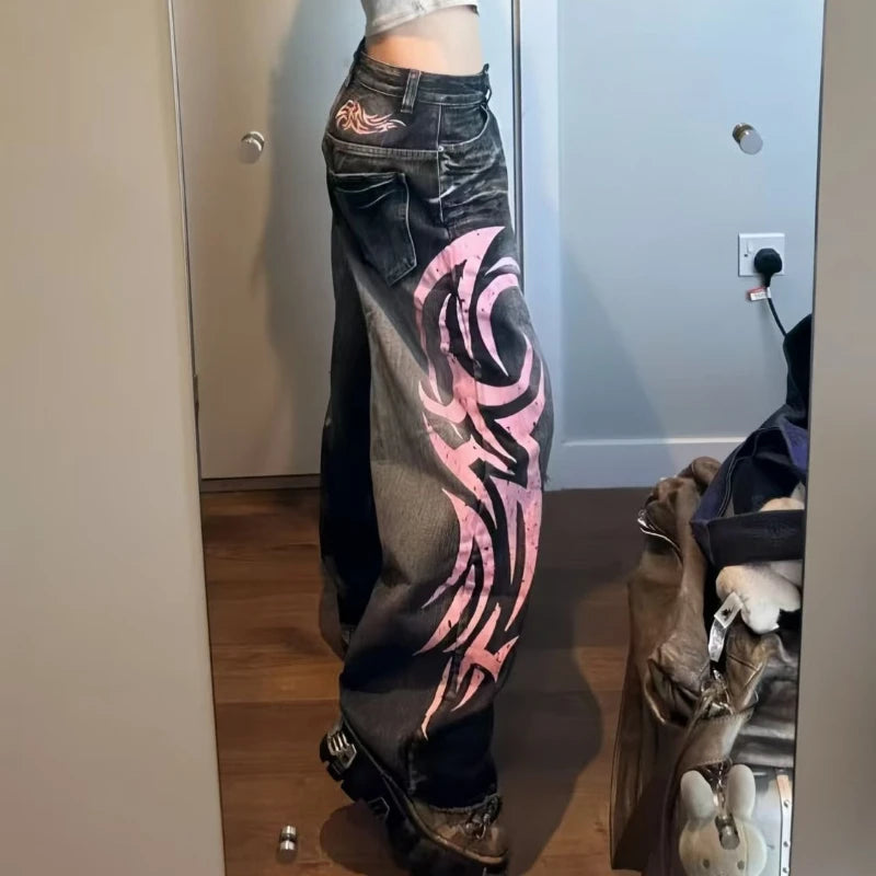 Y2K American Vintage Mottled Totem Print Baggy Jeans Women's High Waist Wide Leg Jeans Women's Harajuku Trendy Hip-hop Jeans SS69 51.69 1 1 / S