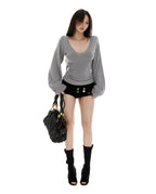 Women's V-Neck Lantern Sleeve Knit Sweater - Autumn/Winter