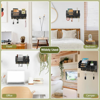 SS69 Wooden Wall Mount Key Holder with Mail Organizer, Drawer and 8 Hooks