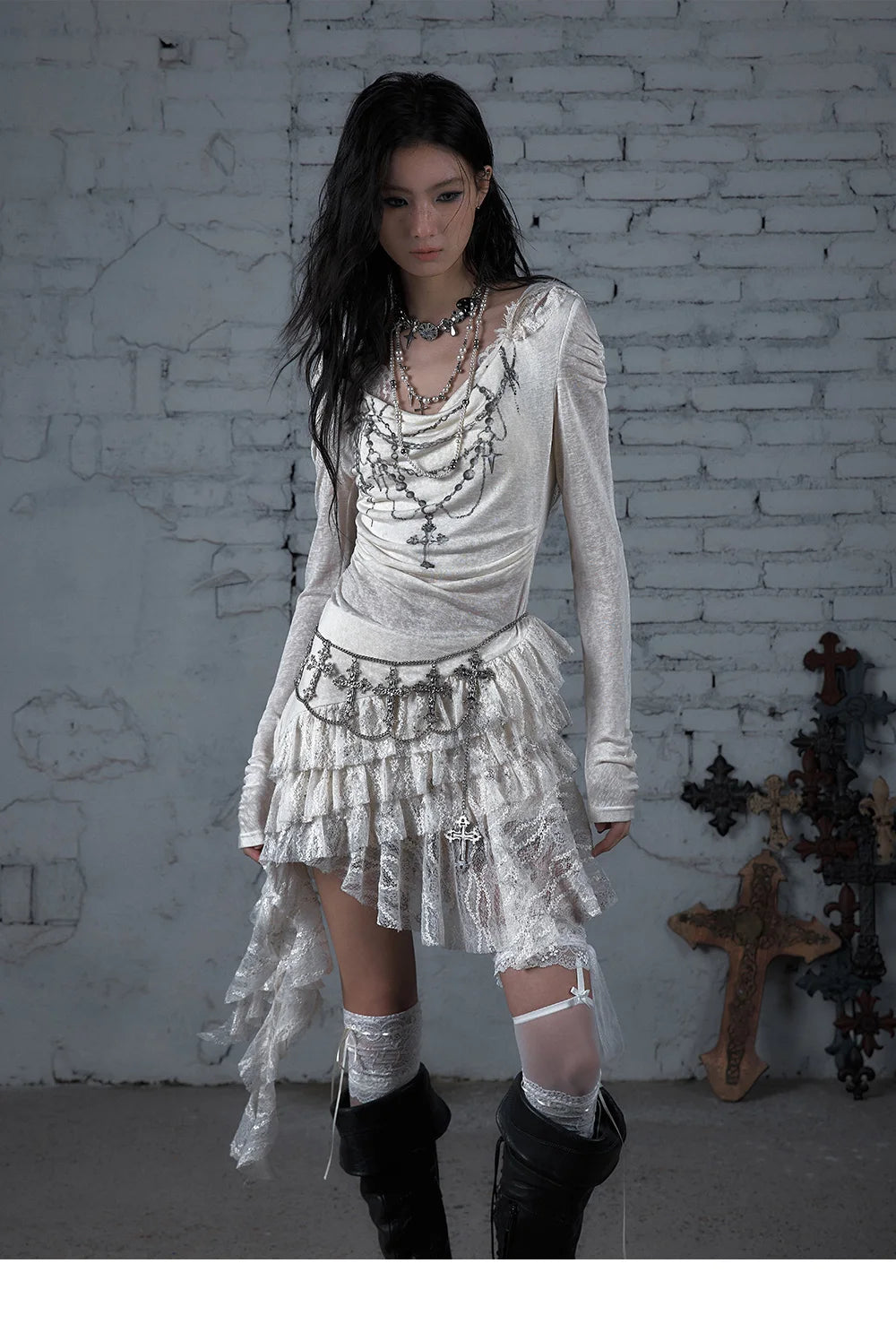 NO ROMANCE Fairy Sexy Punk Printing Half Transparent Lace Patch Knitted Long Sleeve Hooded Dresses Rock Gothic Design Vestidos SS69