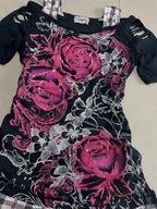 Kimutomo Women T Shirts Vintage Flowers Printed Short Sleeve Spring Summer Fashion Slim Grunge Gothic Y2k Harajuku Tops Ladies