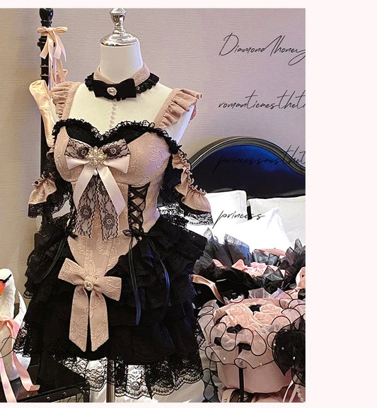 2024 New Spring Summer Ladies Exquisite Lace Skirt Suit Lolita Sweet Womens Black Pink Bow Tube Top Sling Short Cake Skirt Set SS69