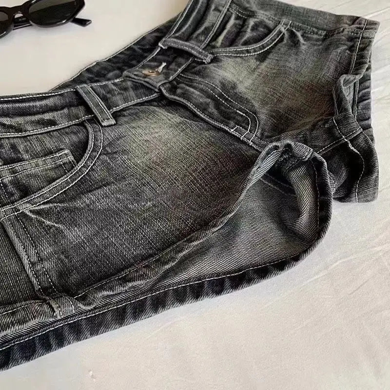 Vintage Denim Shorts Women Summer Black Grey Washed Low Waist Elastic Skinny Hot Shorts Jeans SS69