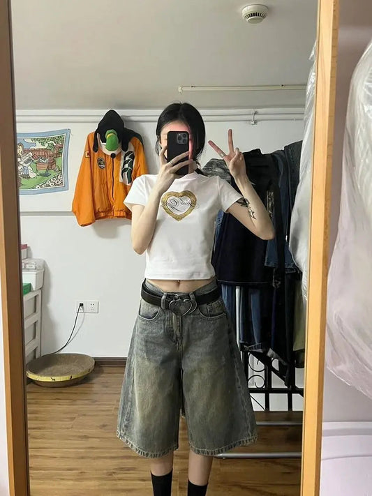 HOUZHOU Y2k Vintage Baggy Jeans Shorts Woman Streetwear Jorts Korean Harajuku Gothic Oversized Denim Pants Embroidery Summer SS69