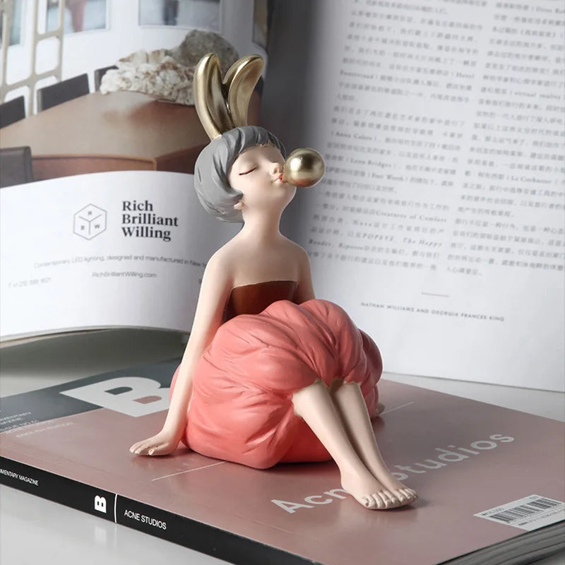 Bubble Gum Rabbit Girl Figurines, Modern Home Decoration,Party Decor, Sweet Gift for Girl,Lovely Room Ornaments,Birthday Present SS69