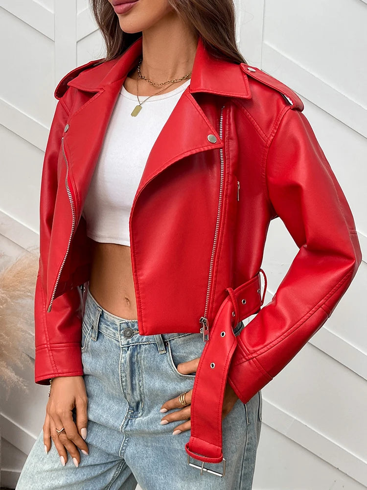 Ailegogo Women's Faux Leather Moto Jacket with Belt
