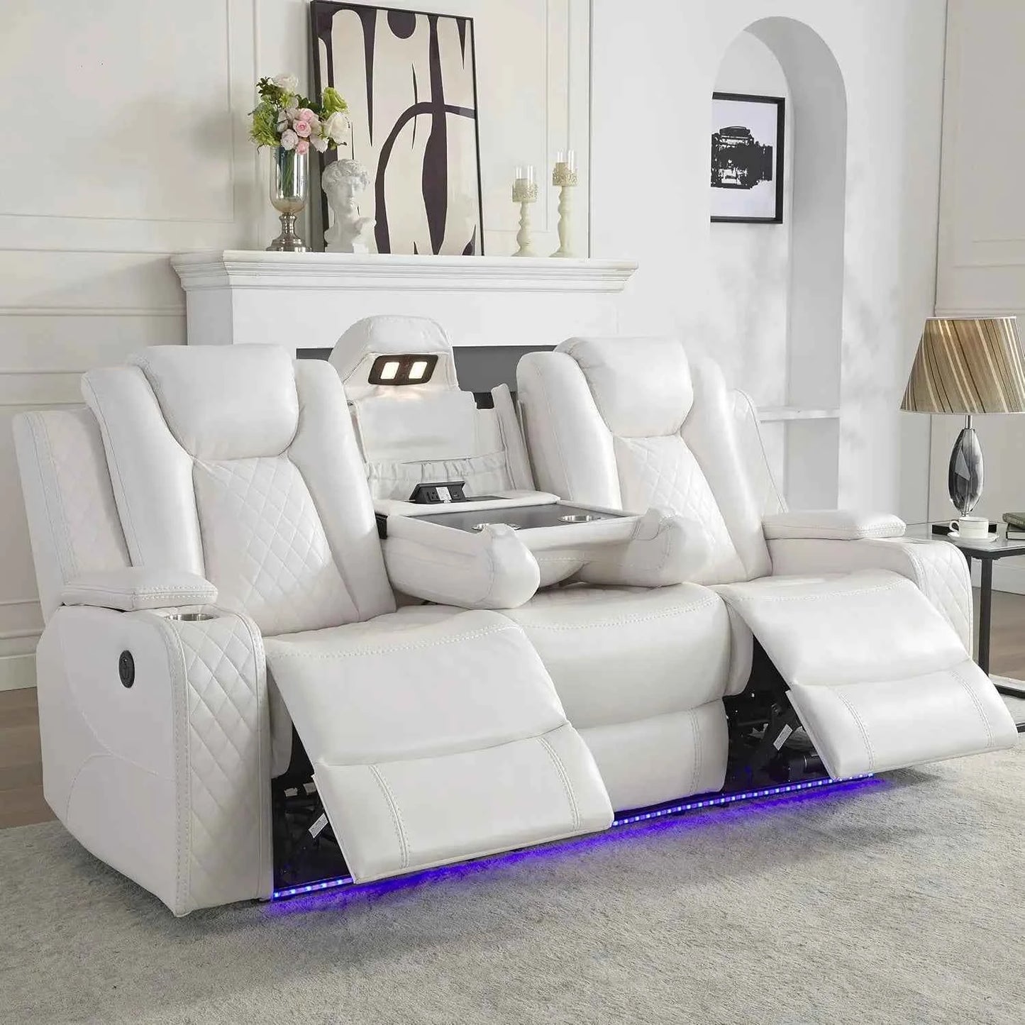 TODRANI Power Reclining Sofa 0 Gravity w/ Wireless Charger,LED Floor Lights,Reading Light, Drop-down Table USB/Type-C Port(070)