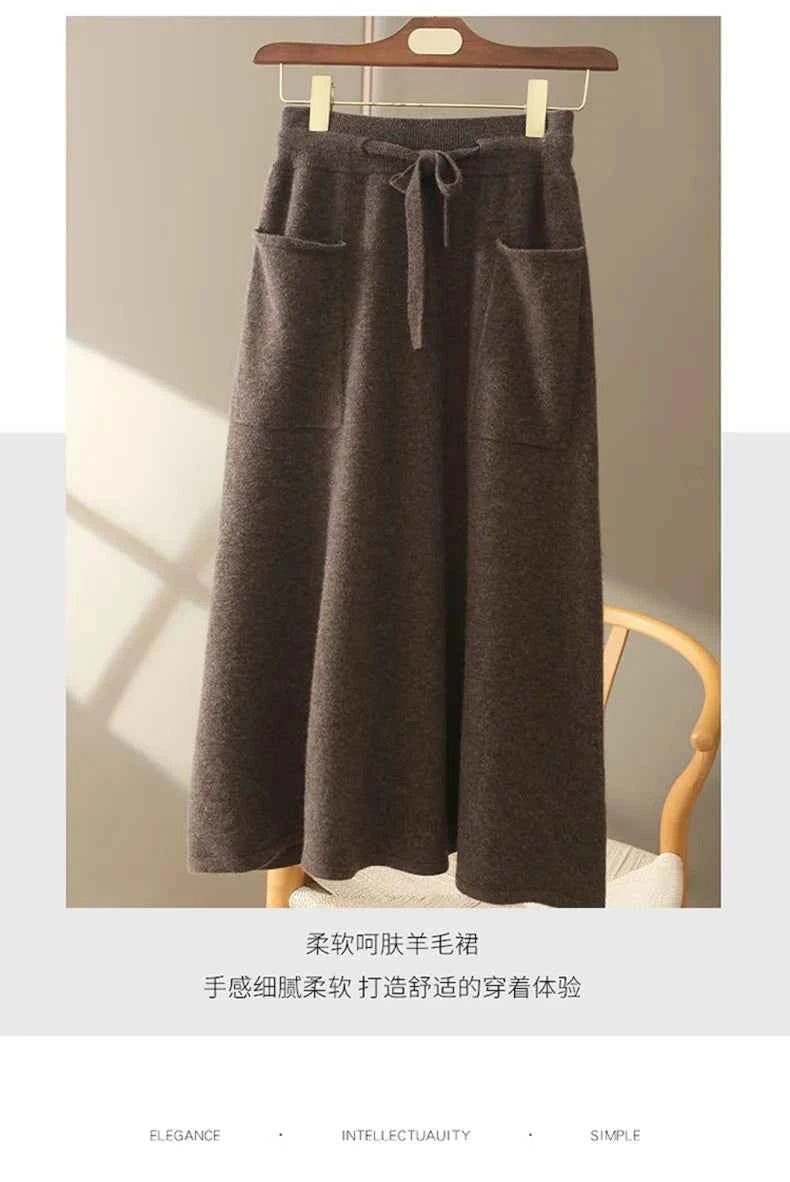 Autumn And Winter100% Pure Wool Skirt Women's Long Pocket Small A Skirt High Waist Slim Cashmere Knit A-Line Skirt