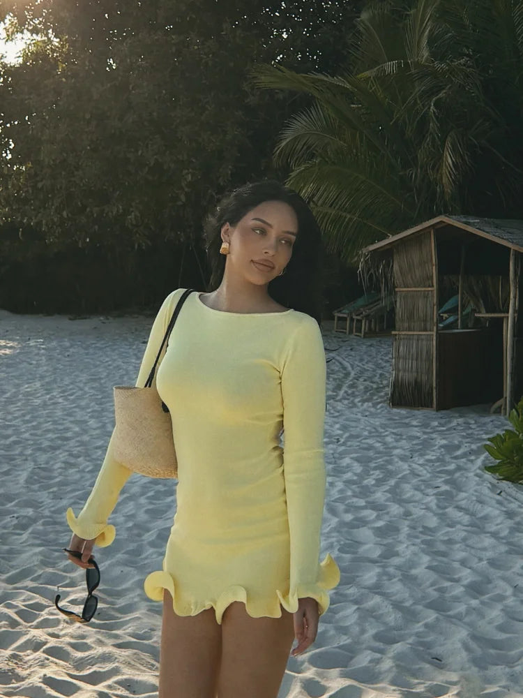 Women Fashion Solid Ruffles Hem Mini Dress Elegant Long Sleeve High Waist Slim Dresses 2025 Summer Vocation Street Vestidos SS69