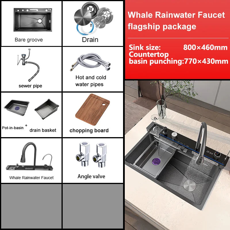 TELISIYAC Stainless Steel Waterfall Kitchen Sink - Large Single Bowl