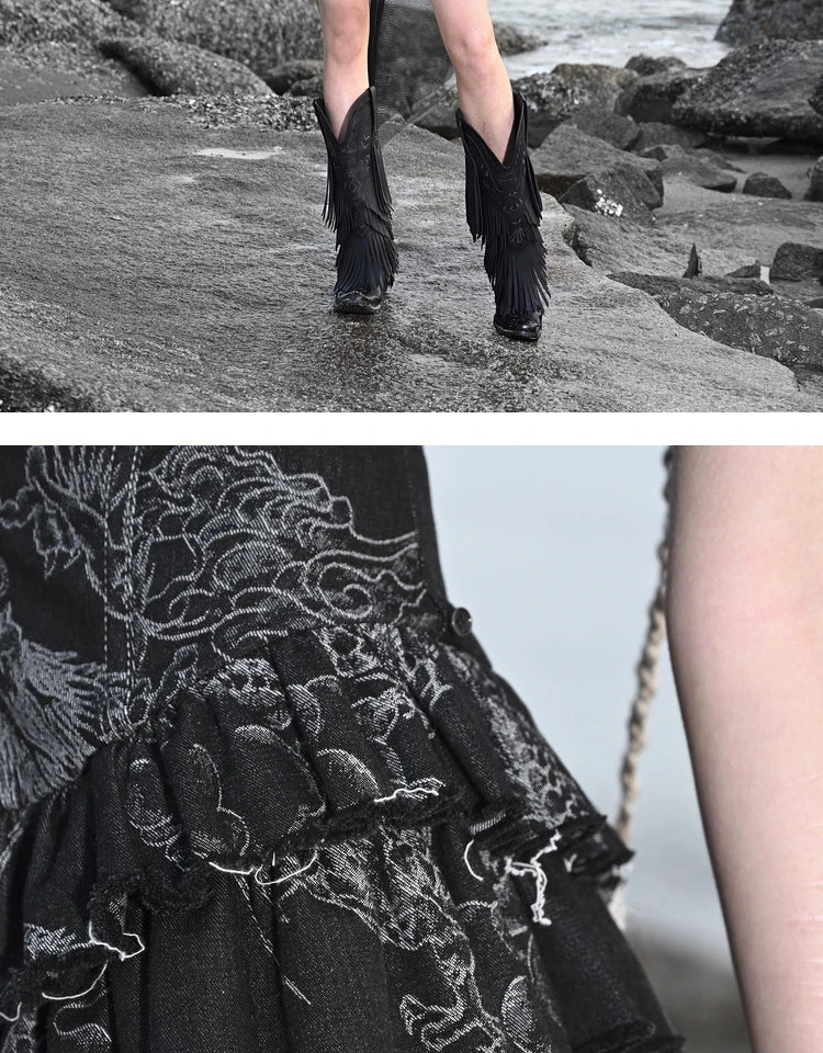 Blood Supply Original Punk Aesthetic dress hot girl Dragon Pattern Denim Sexy Slim Fit Dress Summer Halter Ruffles Short Dresses SS69