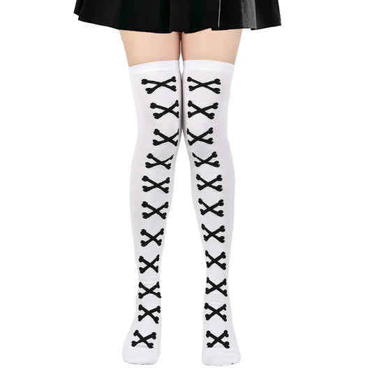 SS69 Women's Bone Print Thigh High Socks - Cotton Blend Cosplay Stockings