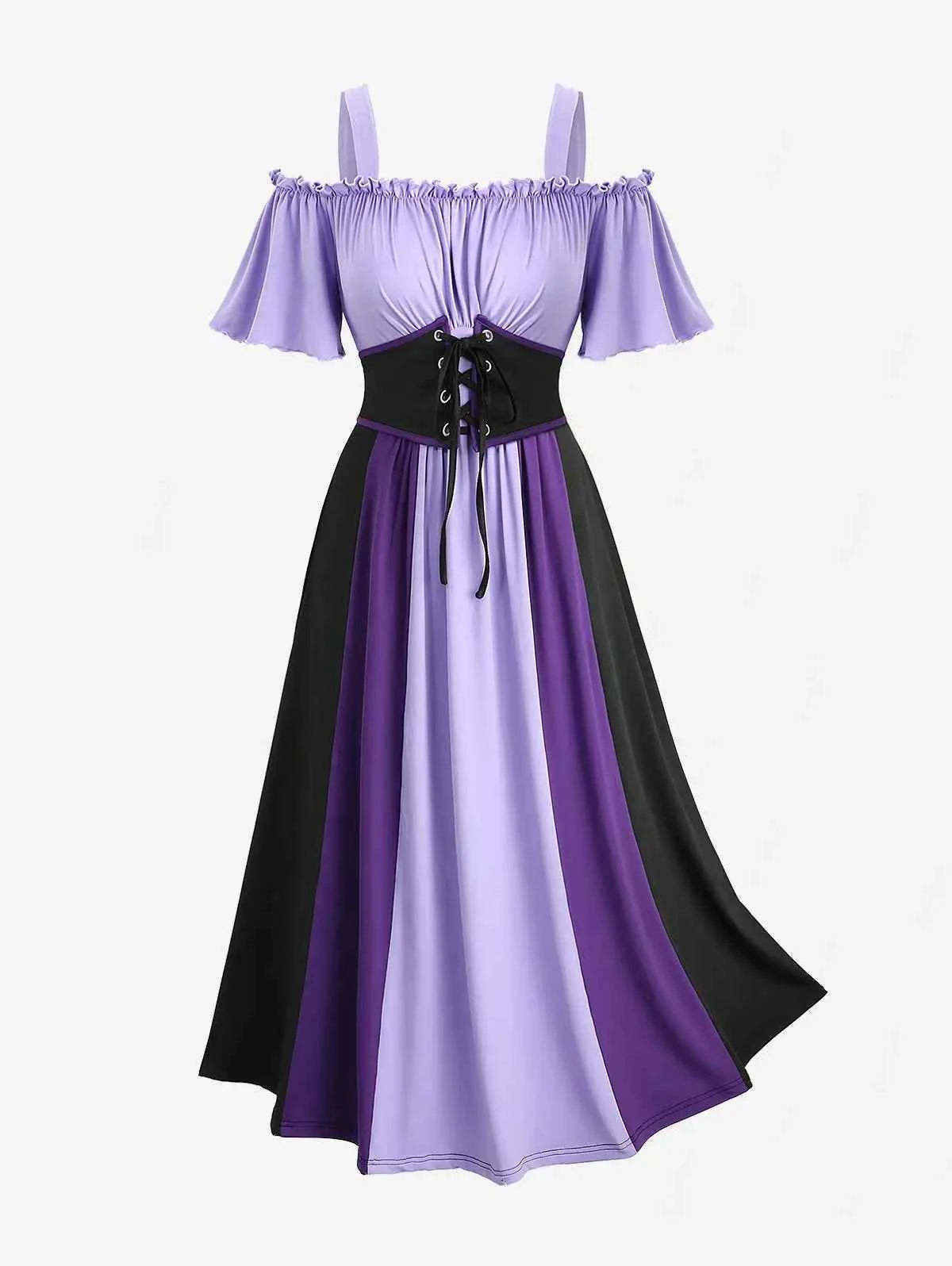 ROSEGAL Plus Size Women's Dress New Cold Shoulder Ruched Ruffles Colorblock Patchwork Lace Up Belted Vintage Corset Dresses Robe