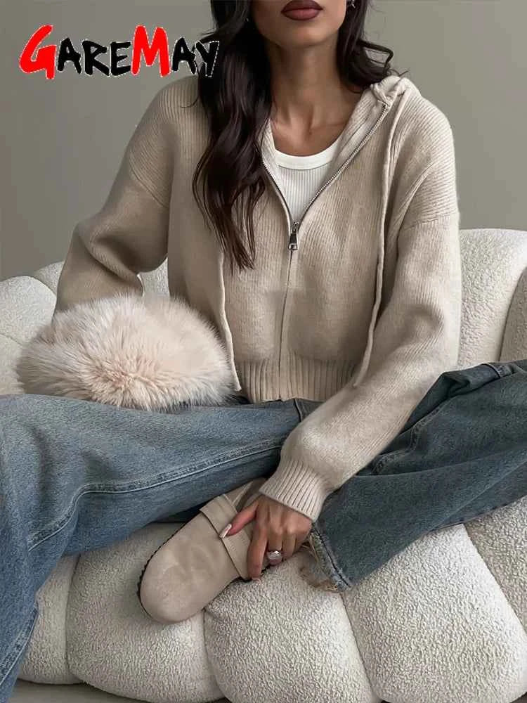 Autumn Knitted Women's Short Cardigan with Zipper Gray Winter Sweater Casual Cute Vintage White Cardigan for Women with Hood