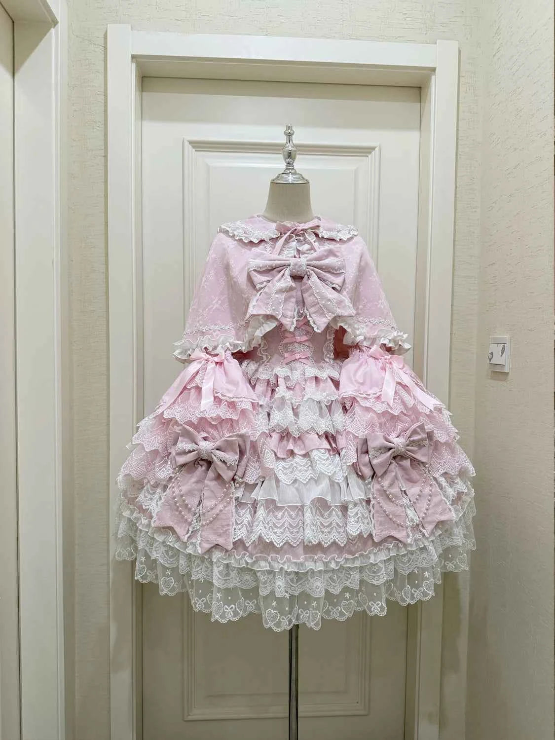 Women's Pink Lolita Dress Cape Set New Spring Women's Sweet Girl Lace Princess Jsk Cake Dress Fairy Suspender Dress Shirt Outfit