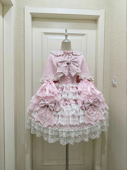 Women's Pink Lolita Dress Cape Set New Spring Women's Sweet Girl Lace Princess Jsk Cake Dress Fairy Suspender Dress Shirt Outfit
