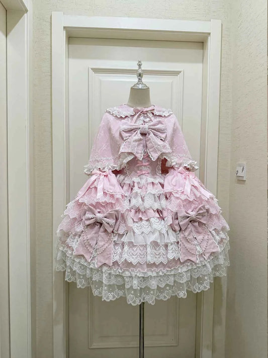 Women's Pink Lolita Dress Cape Set New Spring Women's Sweet Girl Lace Princess Jsk Cake Dress Fairy Suspender Dress Shirt Outfit
