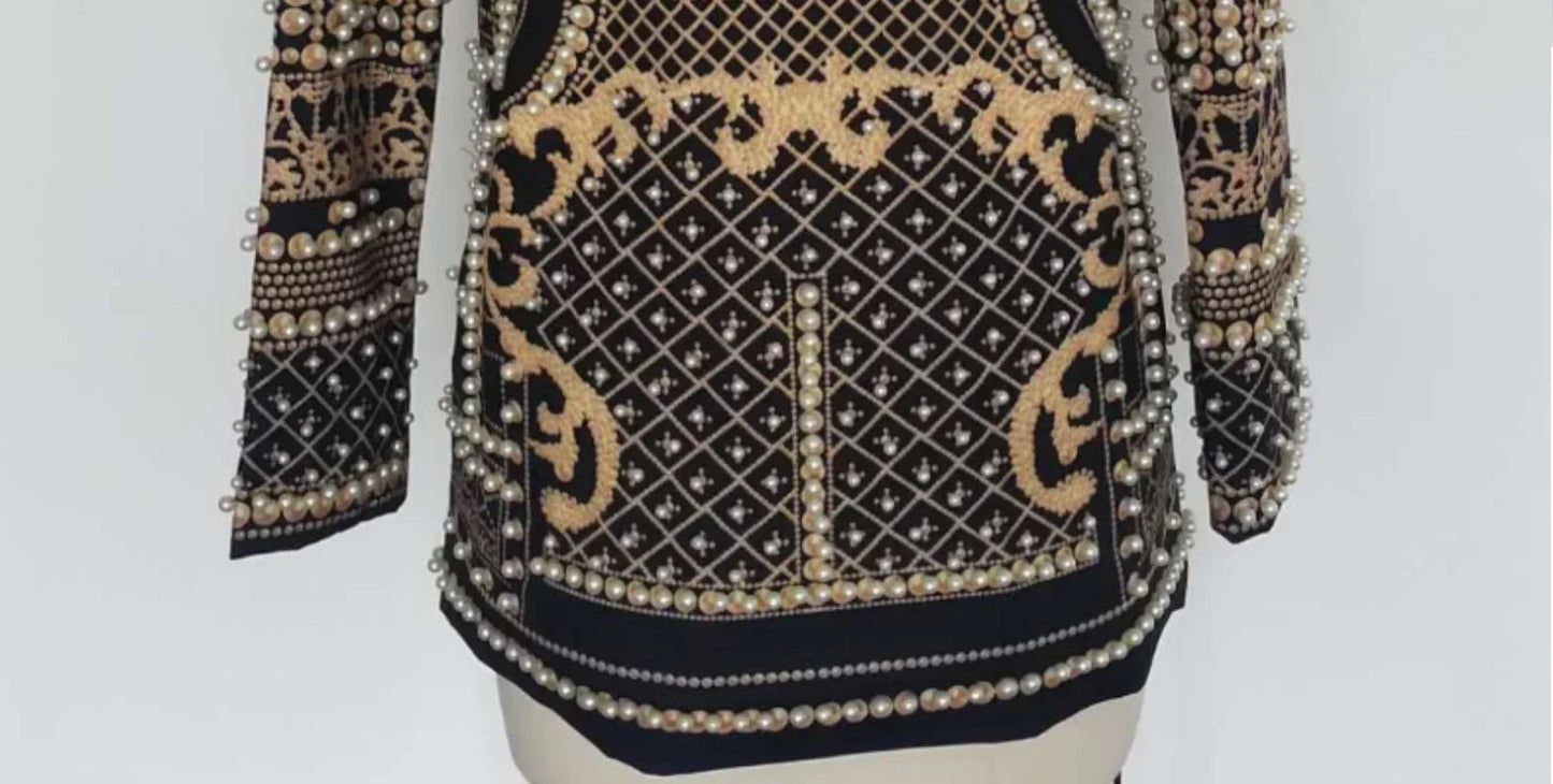 Pearl Embroidery Female Jacket, Full Sleeve Slim Jackets, V Neck, Hidden Button Print Suit, Large Size, Fall Fashion SS69