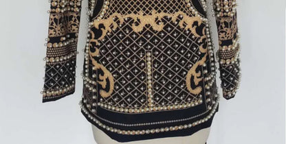 Pearl Embroidery Female Jacket, Full Sleeve Slim Jackets, V Neck, Hidden Button Print Suit, Large Size, Fall Fashion SS69