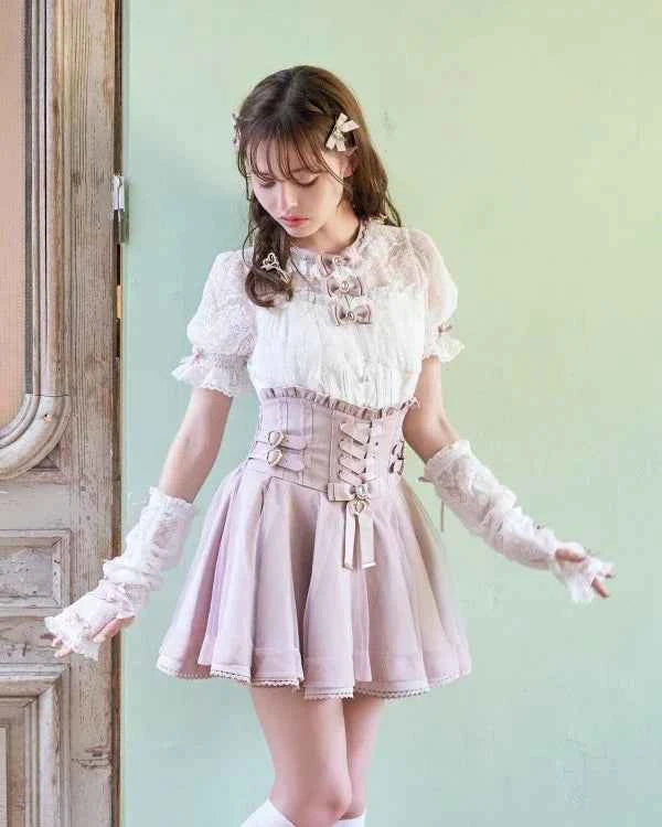 Japanese Liz New Spring Lace Edge Leather Ring High Waist Pleated Skirt Ribbon Bow Short Plaid Skirts Big Bow Lolita Blouses