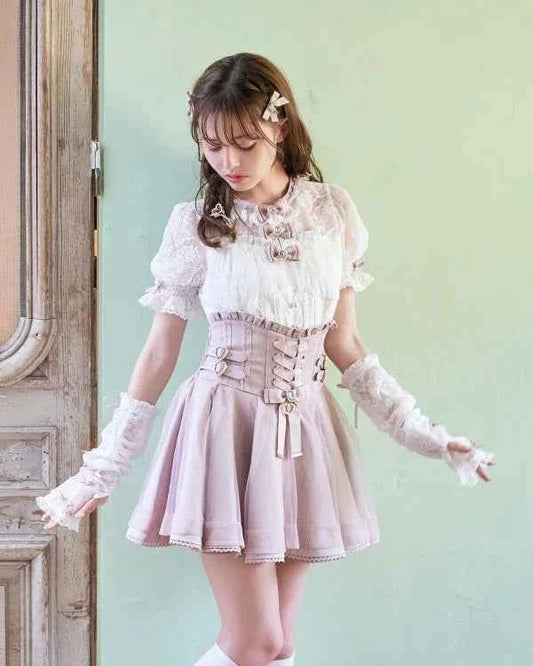 Japanese Liz New Spring Lace Edge Leather Ring High Waist Pleated Skirt Ribbon Bow Short Plaid Skirts Big Bow Lolita Blouses