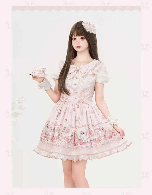 Original New Spring Summer Cute Print Short-sleeved Lolita OP Dress Japanese Sweet Girl Mass-produced Kawaii Bow Short Dresses