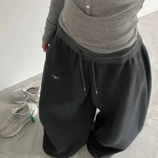 BiggOrange Women's High-Waist Oversized Hip-Hop Sweatpants, Black Wide-Leg