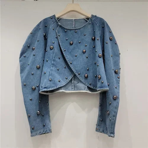 Spring Autumn Women Rivets Long Lantern Sleeve Denim Coat Short Pearls Beading Jeans Bomber Jacket Cowboy Cardigan Tops 2023 SS69 35.69 Black Beaded / S