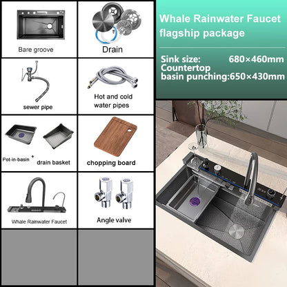 TELISIYAC Stainless Steel Waterfall Kitchen Sink, Large Single Bowl Digital