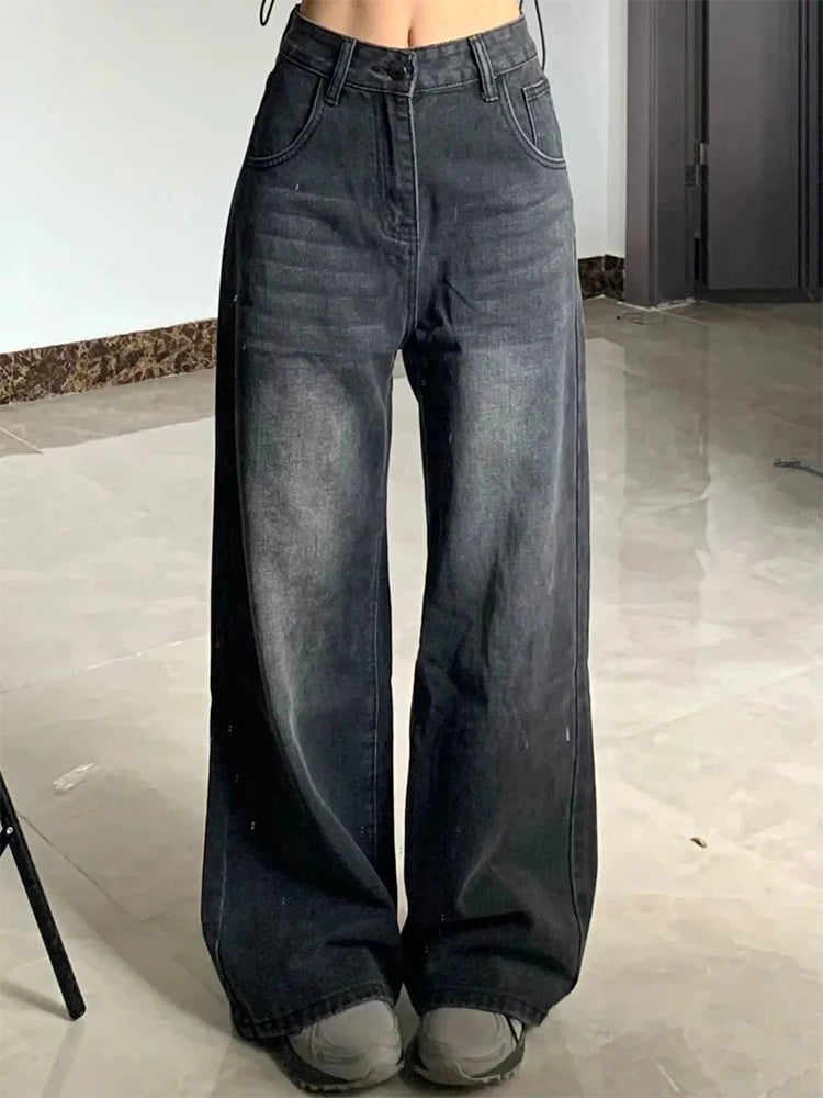 Korean Vintage High Waist Women's Jeans Y2K Slimming Pear-Shaped Loose Straight Bell Bottoms Black Gray Baggy Denim Trousers SS69 26.69 black grey / S