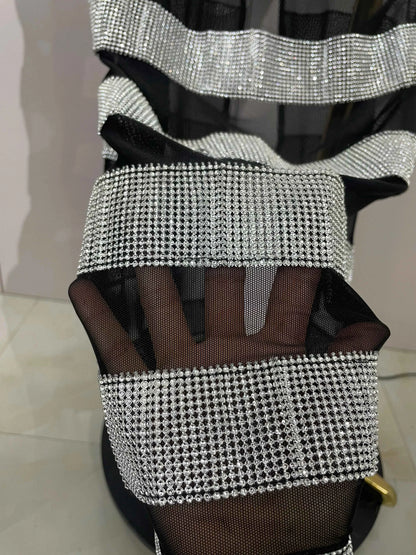 Elegangt Shiny Sexy Mesh Strapless Bodycon Long Bandage Dresses Women Club Birthday Evening Party Slim Celebrity Guest Dresses