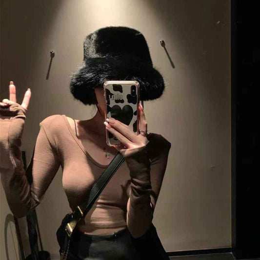 2025 Fluffy Faux Fur Bucket Hats Women Rabbit Fur Warm Thick Plush Winter Hat Lady Fashion Luxury Panama Furry Fisherman Cap Y2k