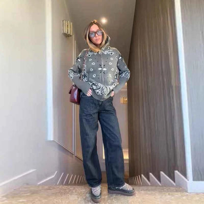 Warm Printed High Collar Knit Cardigans Women Contrast Jacquard Zipper Full Sleeve Pocket Sweater 2026 Spring Lady Chic Knitwear