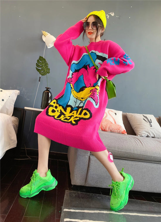 Korean Long-Sleeved Pullover Sweater Loose Fashion Women Autumn Winter Cartoon Embroidered Thickened Long Section Knitted Top SS69