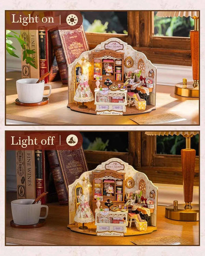 Robotime DIY Miniature House Kit Elsa's Tailoring 1:18 Scale Dollhouse Building Kit Antique Bookshelf Display Crafts for Adults