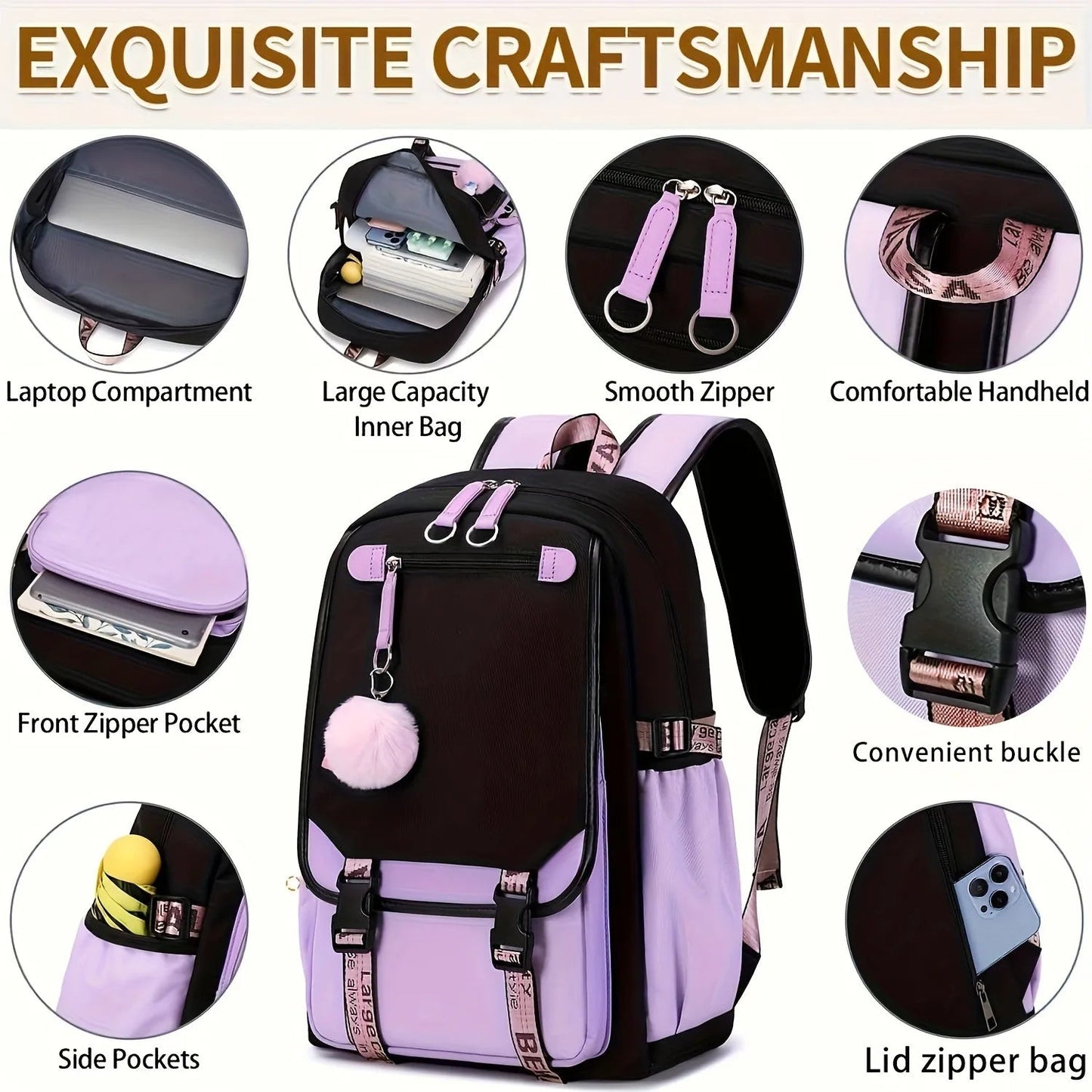 Kuromi Durable Backpack - Cute Purple Travel Daypack for Girls, Large Capacity Foldable Outdoor Rucksack with Adjustable Straps SS69