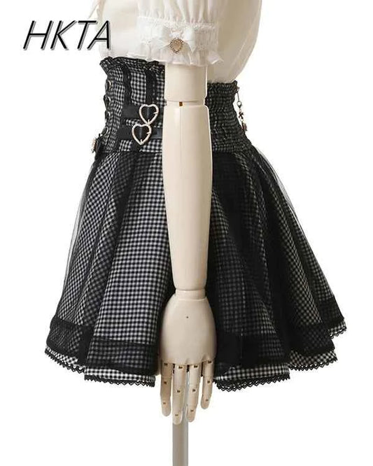 Japanese Liz New Spring Lace Edge Leather Ring High Waist Pleated Skirt Ribbon Bow Short Plaid Skirts Big Bow Lolita Blouses