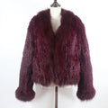 New Women Autumn Winter Knitted Real Rabbit Fur Coat 100% Natural Rabbit Fur Jacket With Fox Fur Collar Overcoat For Female