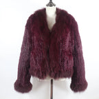 New Women Autumn Winter Knitted Real Rabbit Fur Coat 100% Natural Rabbit Fur Jacket With Fox Fur Collar Overcoat For Female