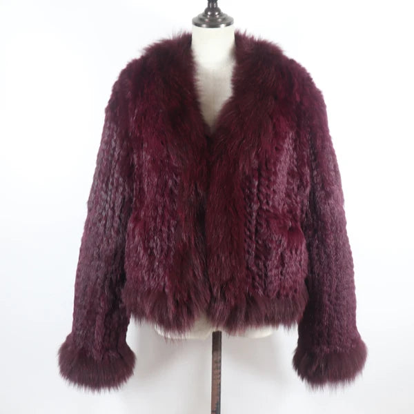 New Women Autumn Winter Knitted Real Rabbit Fur Coat 100% Natural Rabbit Fur Jacket With Fox Fur Collar Overcoat For Female