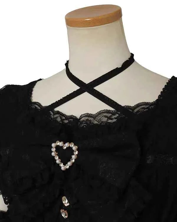 Japanese Sweet Heavy Industry Splicing Sleeve Strap Lace Bow Lace Shirt Summer Autumn New Elastic Slim Long-sleeve Tshirt Top