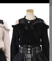 Liz Sweater Japanese Mass Production Autumn and Winter Woolen Off Shoulder Lace Slim Short Sweater Soft Furry Knitted Pullover