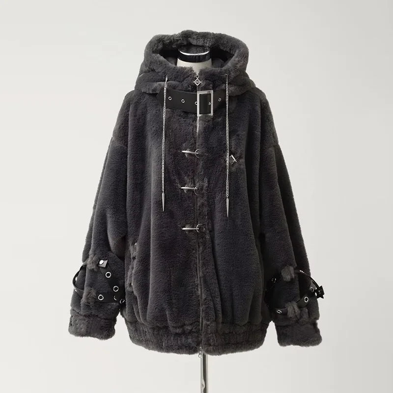 Lautaro Autumn Winter Thick Warm Faux Fur Coat Women with Hood Zipper Luxury Japanese Style Punk Harajuku Fluffy Jacket 2026